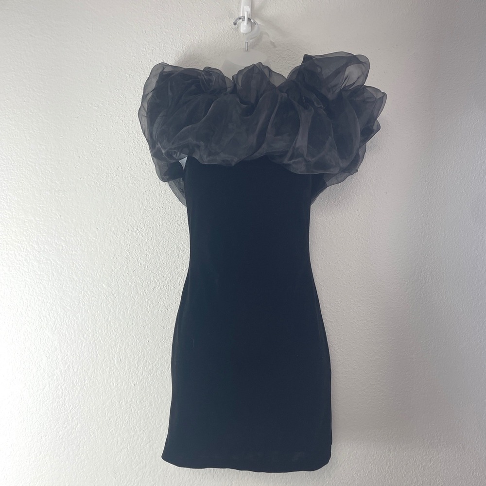 Zara Velvet Mini Dress XS Black Organza Ruffle Off Shoulder Coquette Glam Party